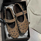 Women's Ballet Flats with Decorative Studs and Elegant Buckle Closure