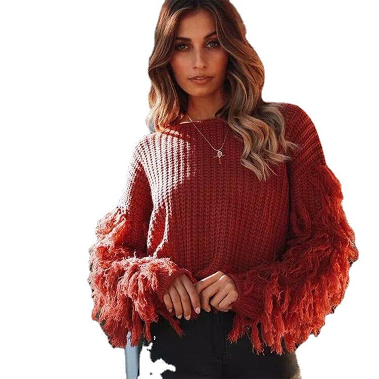 Women's Chunky Knit Sweater with Fringed Sleeves and Loose Fit