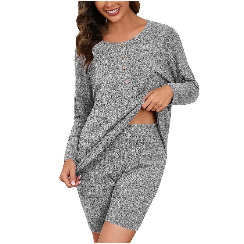 Women's Comfortable Lounge Set with Long-Sleeve Top and Shorts