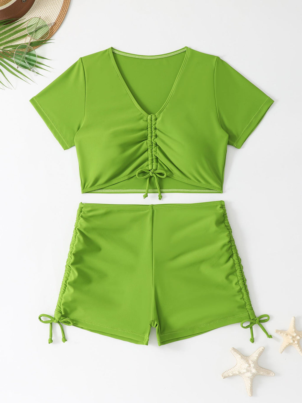 Women's Swim Top with Lace-Up Design and High-Waisted Shorts