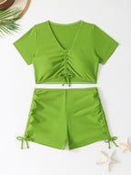 Women's Swim Top with Lace-Up Design and High-Waisted Shorts