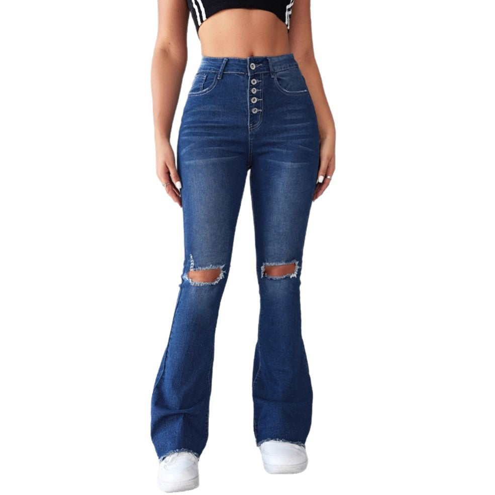 Women's High-Waisted Flared Jeans with Ripped Details