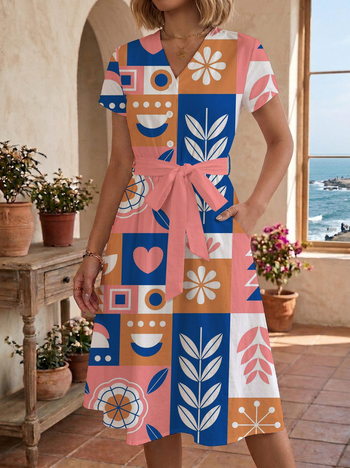 Women's Floral Midi Dress with Adjustable Belt