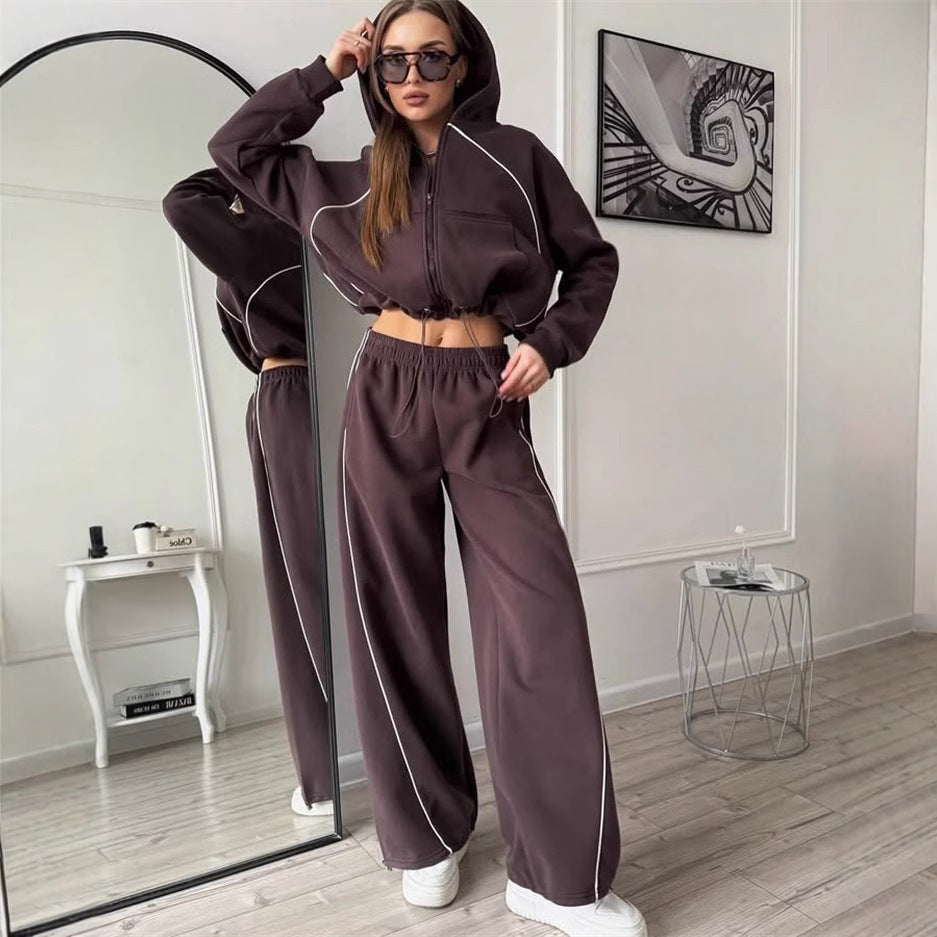 Women's Hooded Jacket and Wide Jogging Trousers Set with Contrast Stitching