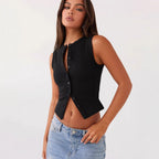 Sleeveless Ribbed Button-Down Top