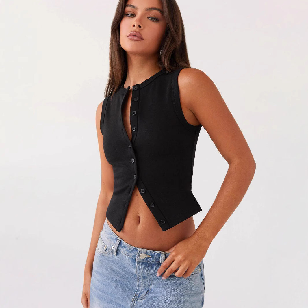 Sleeveless Ribbed Button-Down Top