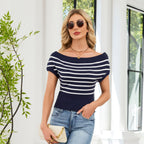 Fine Knit Sweater with Stripes and Decorative Buttons
