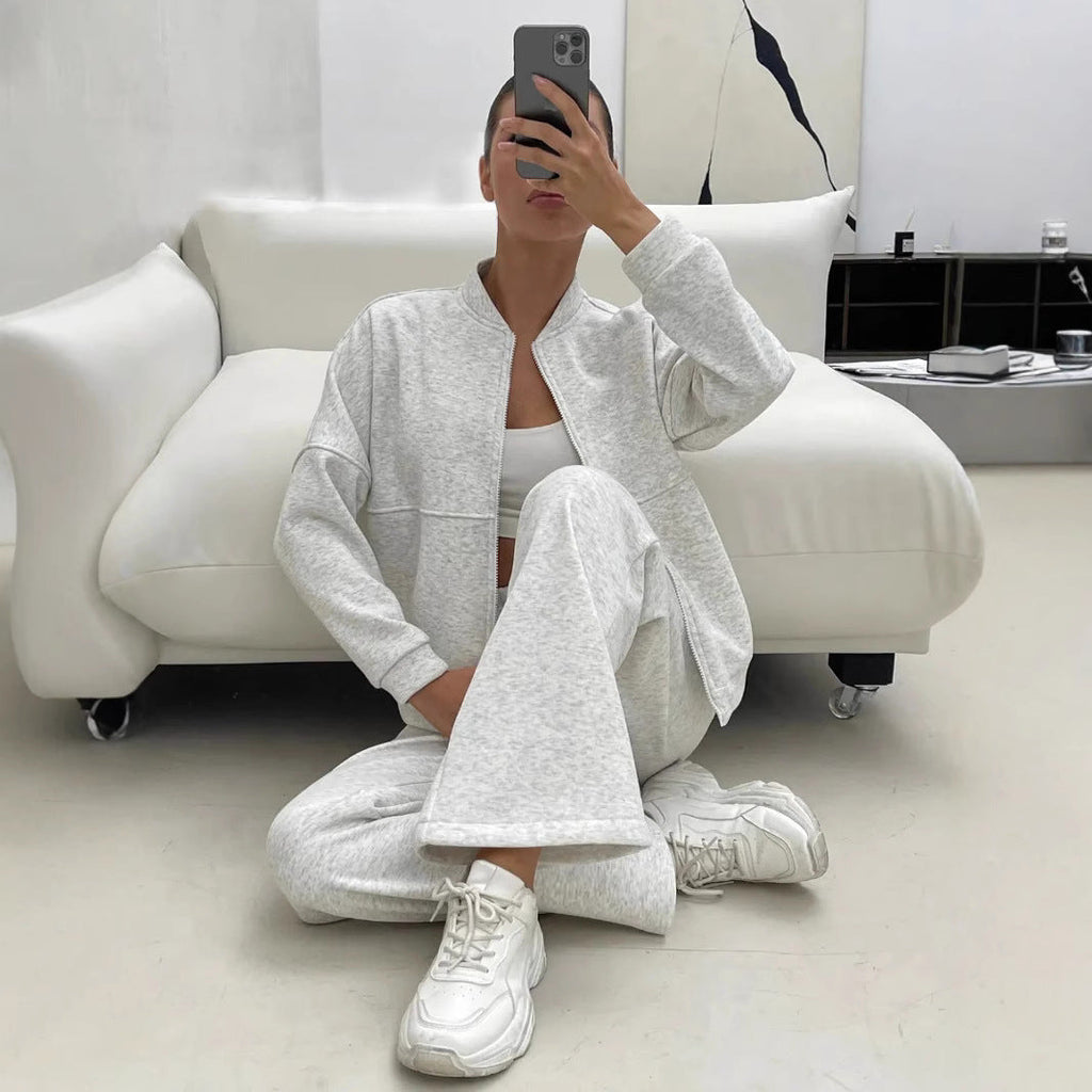 Women's Casual Zip Lounge Set with Stand Collar and Wide High-Waist Joggers