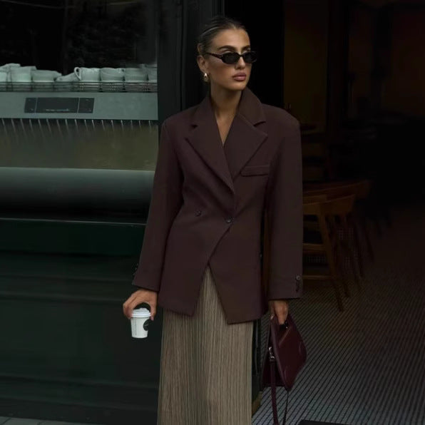Women's Elegant Oversized Blazer with Double-Breasted Button Placket and Pockets