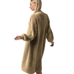 Women's Fluffy Long Knit Coat with Side Slit and Loose Fit