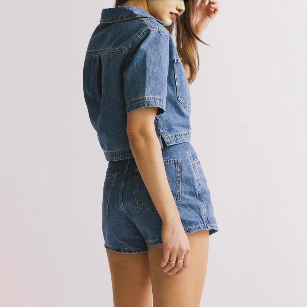 Women's Denim Crop Shirt and Skirt Set