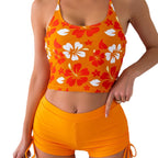 Women's Swim Top with Floral Design and High-Waisted Shorts