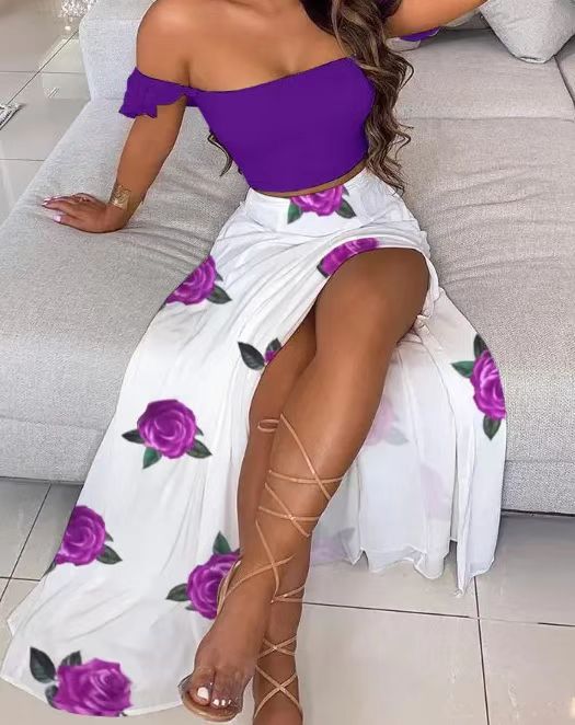 Women's Maxi Skirt with Floral Design and High Slit