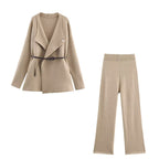 Women's Elegant Knit Set with Tailored Blazer and Wide-Leg Pants