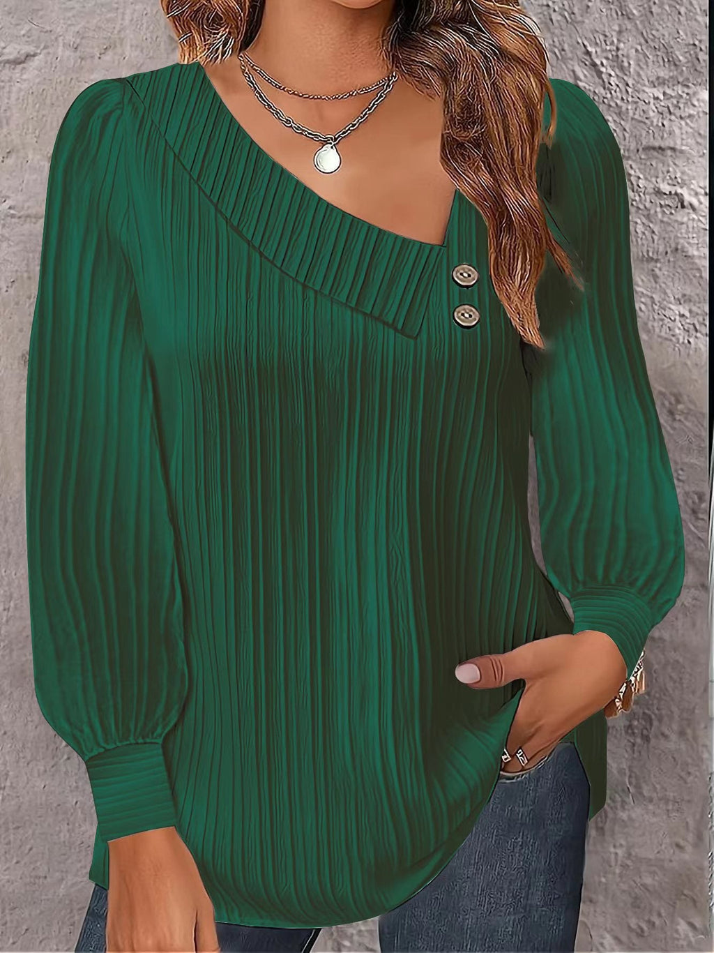 Women's Casual Blouse with Asymmetric Collar and Decorative Buttons