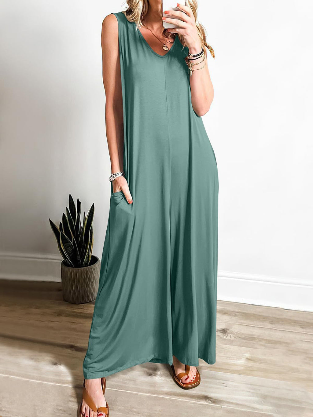 Women's Loose Jumpsuit with Deep V-Neck and Side Pockets