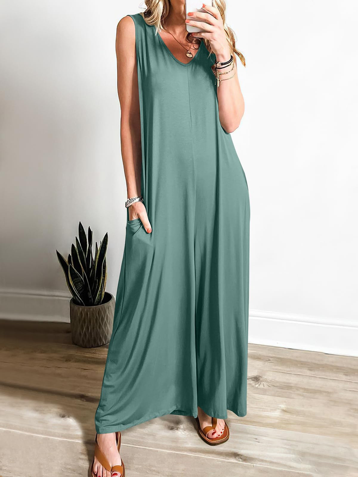 Women's Loose Jumpsuit with Deep V-Neck and Side Pockets