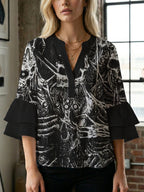 Casual Blouse with Ruffle Sleeves and Botanical Print