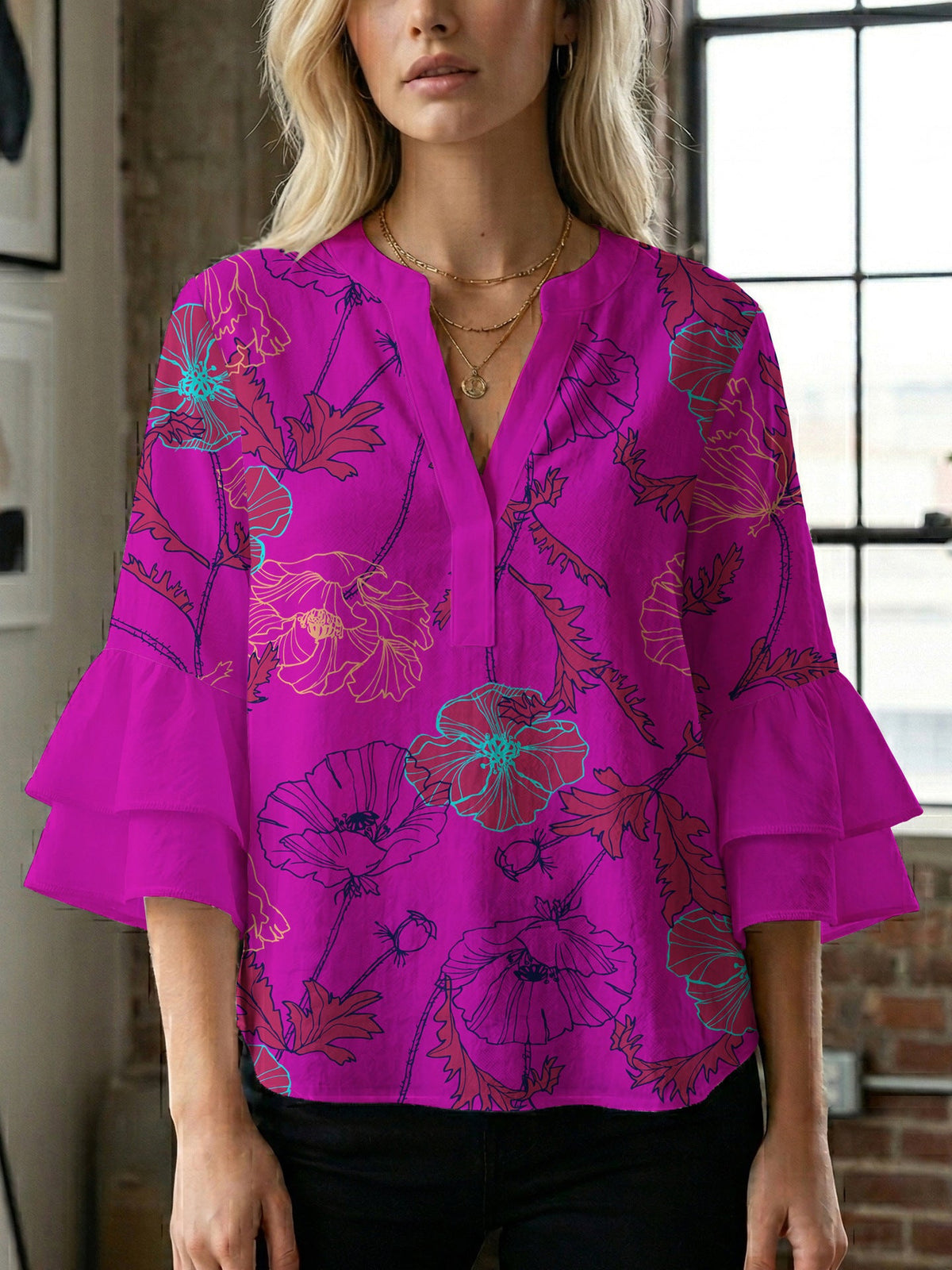 Women's Floral Blouse with Voluminous Sleeves
