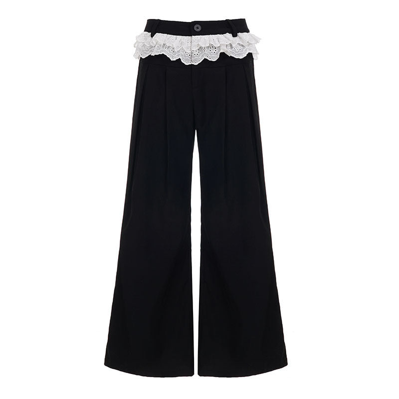 Elegant Wide-Leg High-Waist Pants with Lace Trim