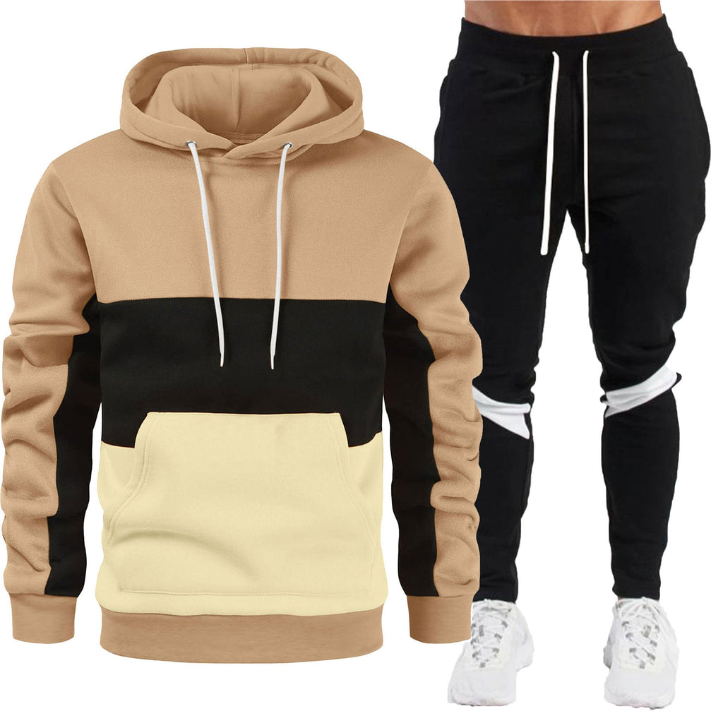 Men's sporty hoodie and jogger set with contrast trims, kangaroo pocket, elastic waistband, and tapered leg