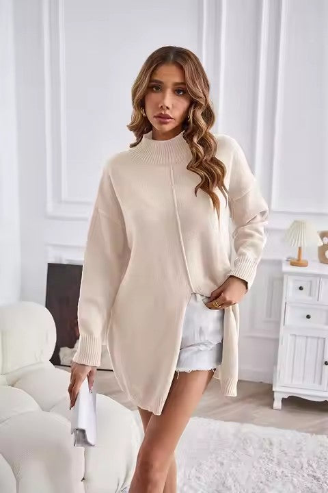 Women's Chunky Knit Sweater with High Collar and Asymmetrical Cut