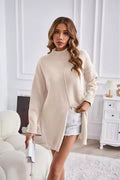 Women's Chunky Knit Sweater with High Collar and Asymmetrical Cut