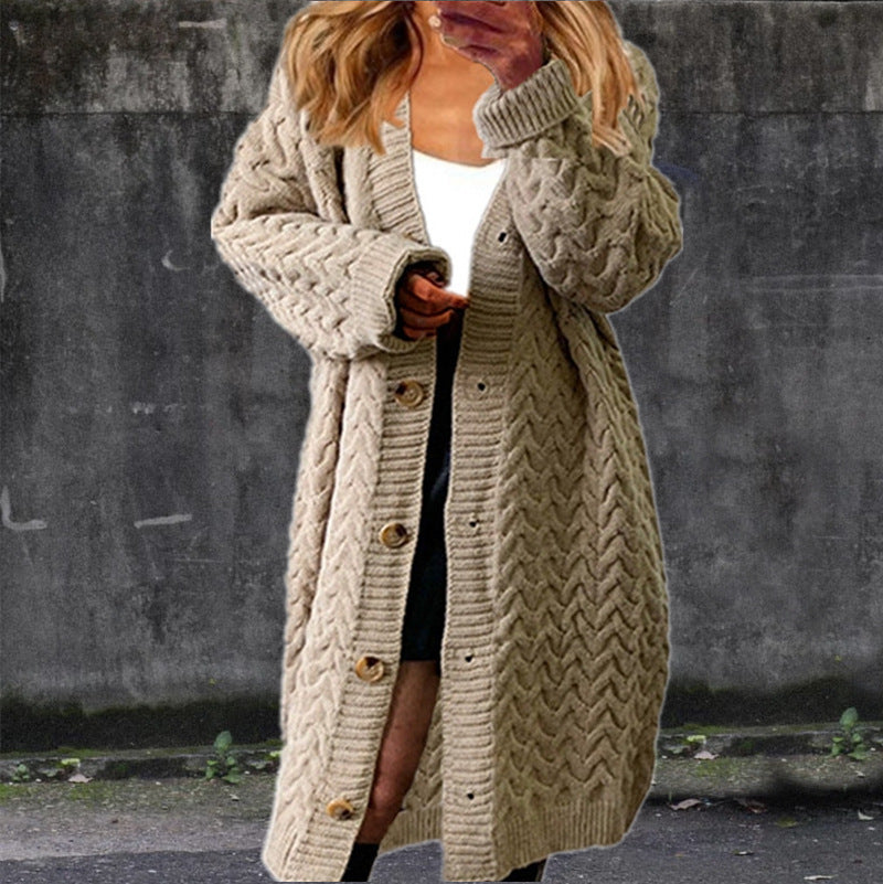 Women's Large Knit Coat with Decorative Button Closure and Cable Pattern