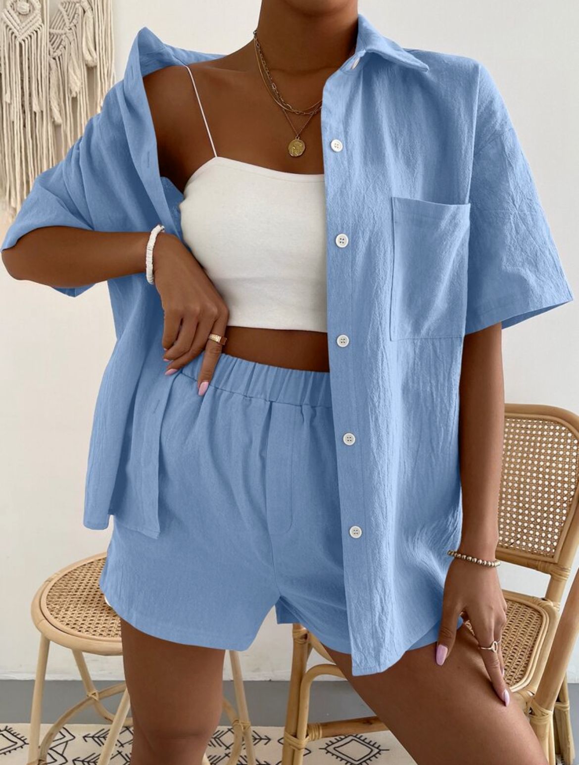 Women's Lightweight Linen Loungewear Set with Chest Pocket