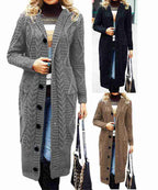 Elegant Women's Knit Coat with Deep V-Neck and Cable Knit Pattern