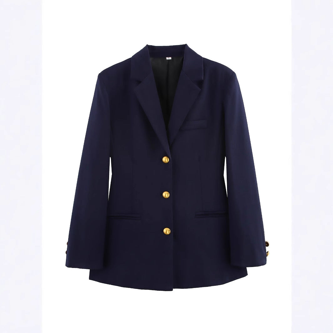 Women's Elegant Plaid Blazer with Gold Buttons