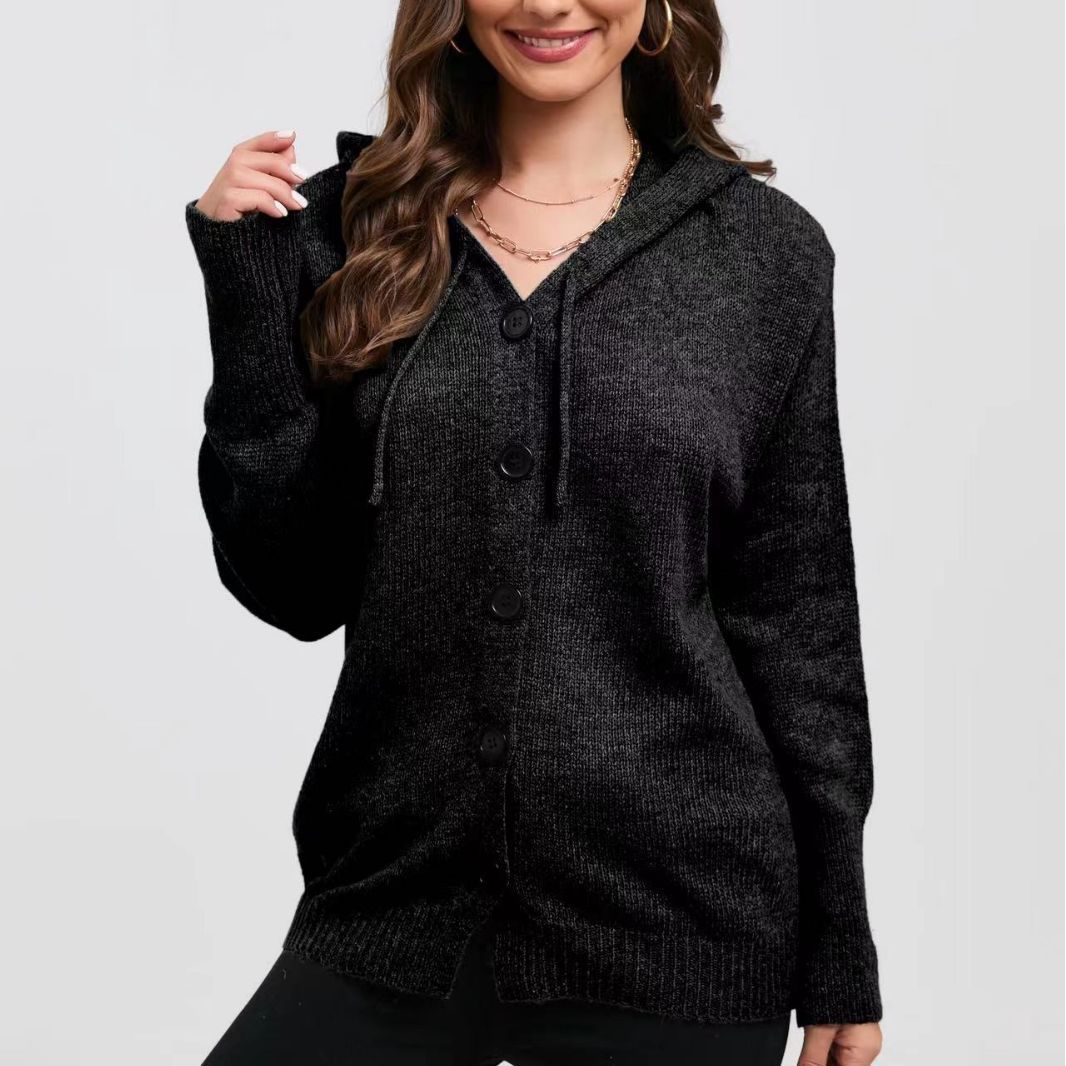 Women's Fashionable Knit Coat with Hood and Decorative Button Details