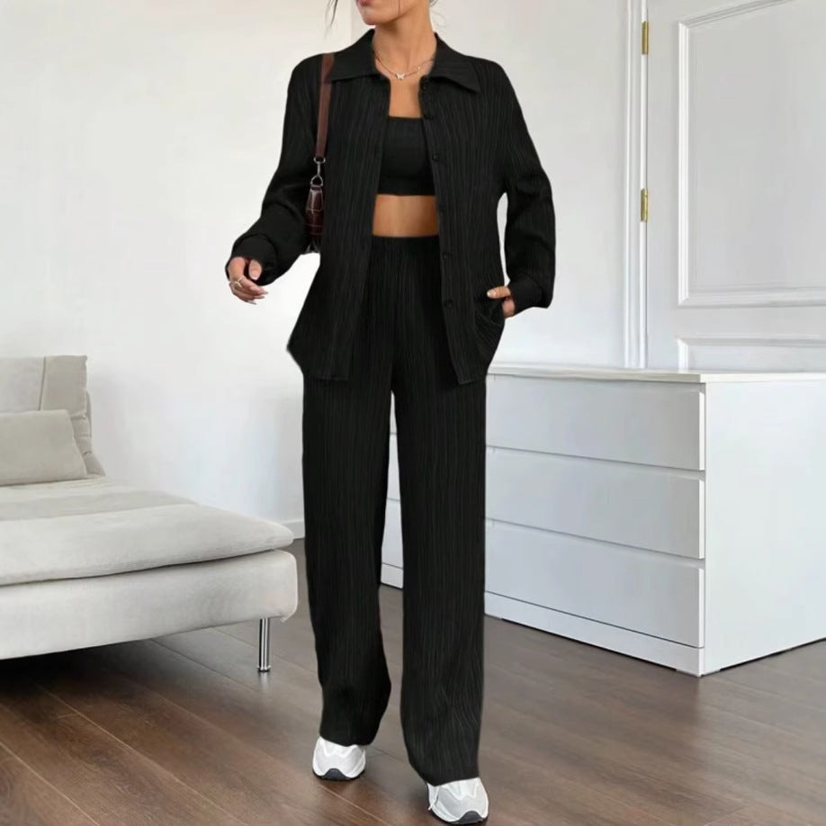 Women's Elegant Striped Blouse and Loose Pants Set