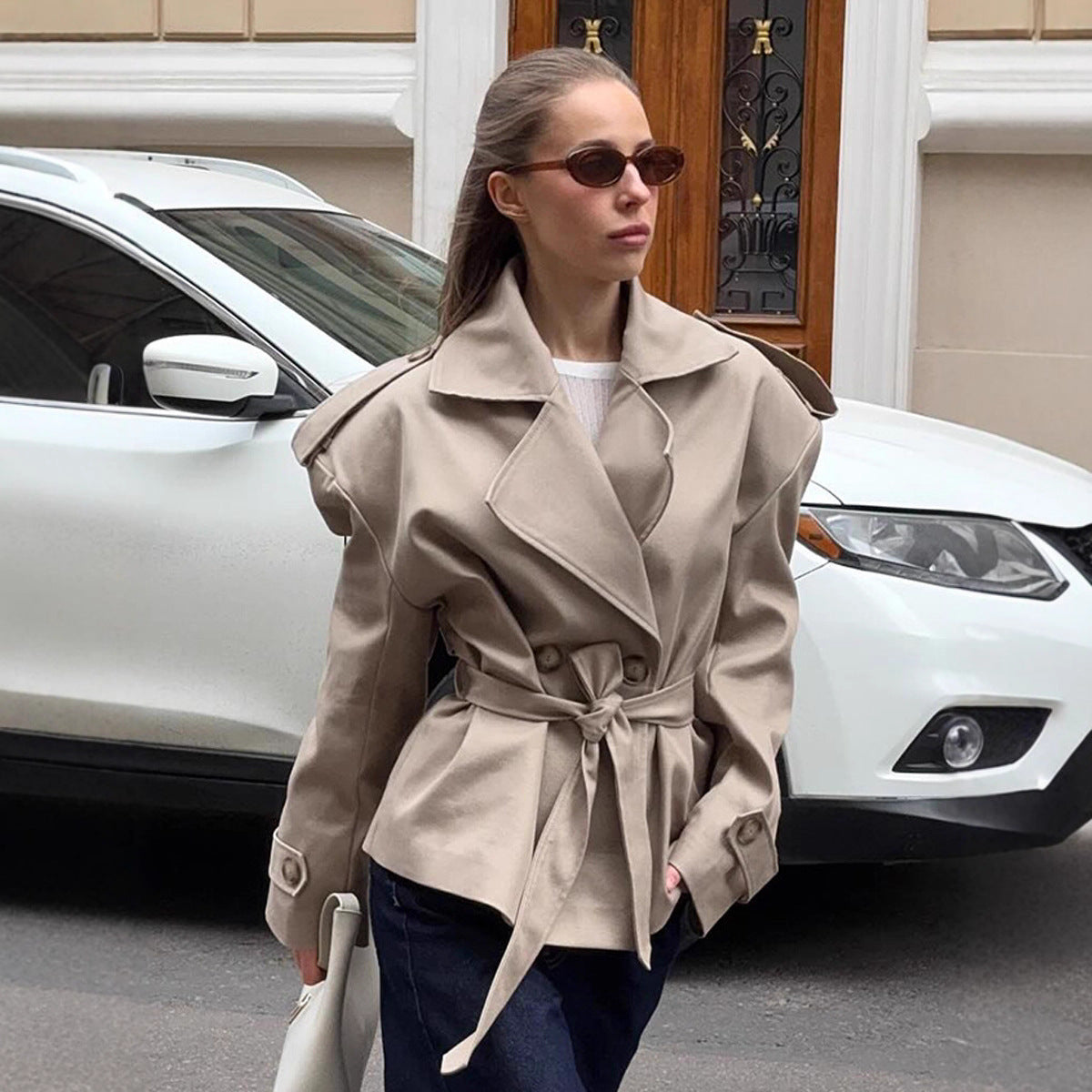 Women's Fashionable Trench Coat with Belt and Dropped Shoulders
