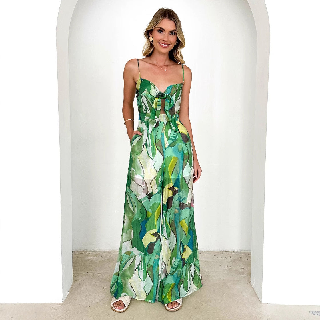 Women's Jumpsuit with Playful Knot Detail and Colorful Pattern