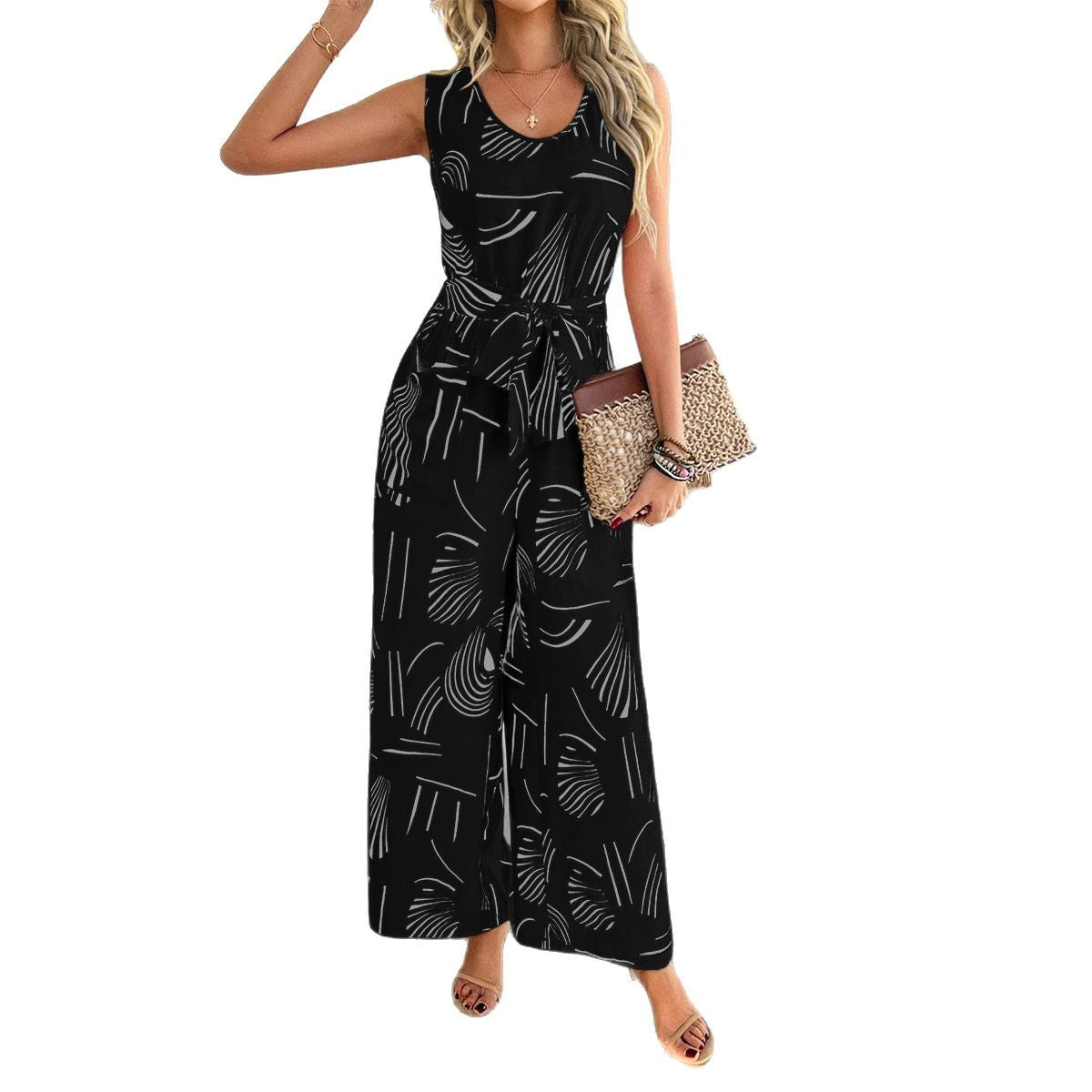 Elegant Jumpsuit with Tie Belt and Modern Graphic Design