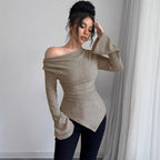 Women's Long-Sleeve Shirt with Ribbed Texture and Wide Sleeves