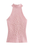 Women's Sleeveless Top with Decorative Pearl Details