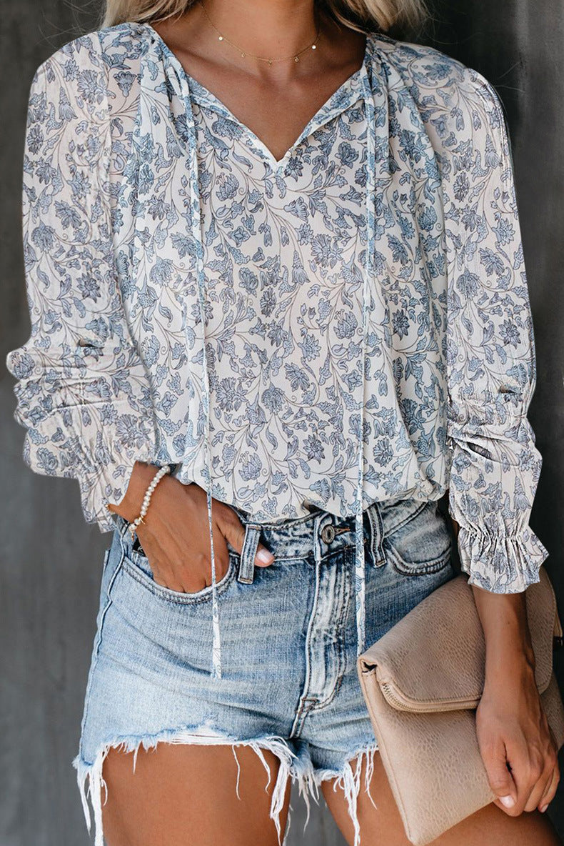 Women's Blouse with Floral Pattern and Loose Sleeves