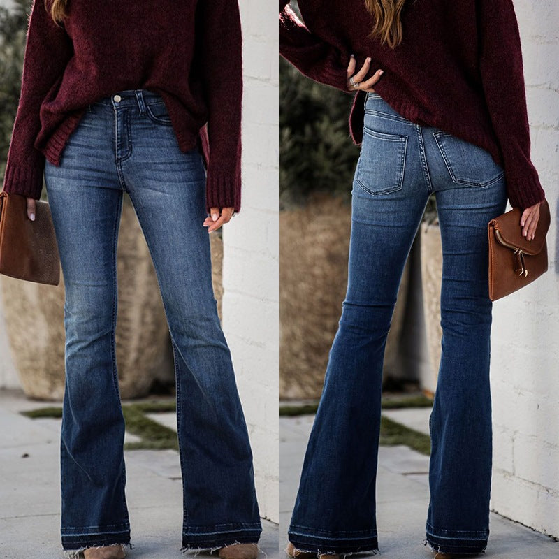 Women's High-Waisted Flared Jeans with Frayed Hem