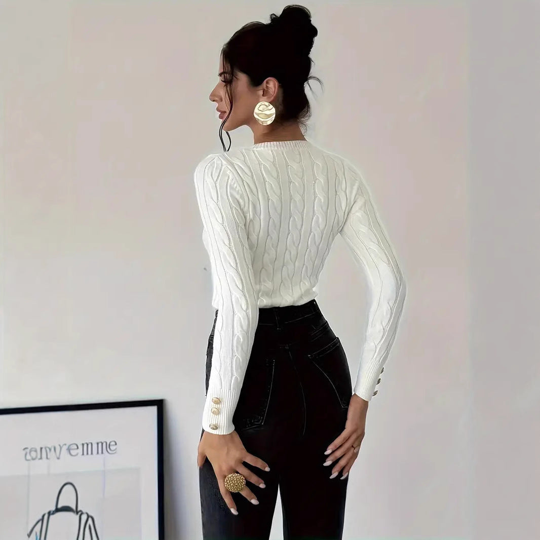 Women's Chunky Knit Sweater with Decorative Button Details