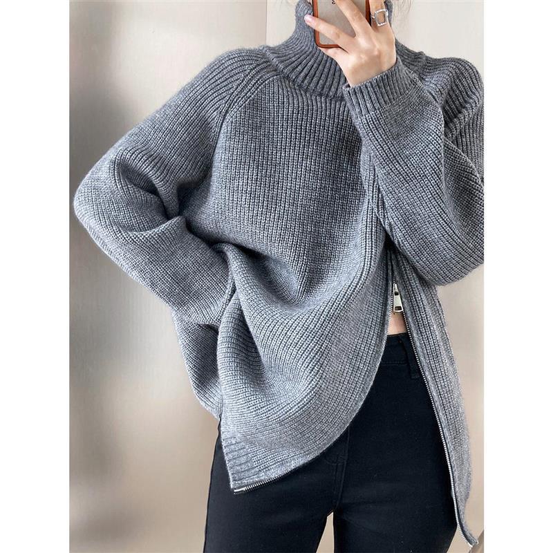 Women's Flair Sweater with Asymmetric Cut and Stand-Up Collar