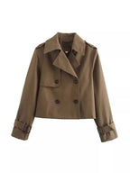 Women's Cropped Trench Coat with Double-Breasted Closure and Adjustable Sleeves