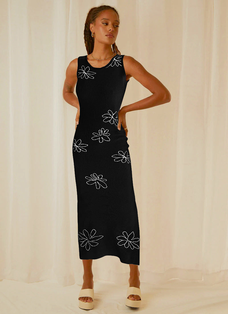 Women's Floral Knit Dress with Slim Fit and Sleeveless Design