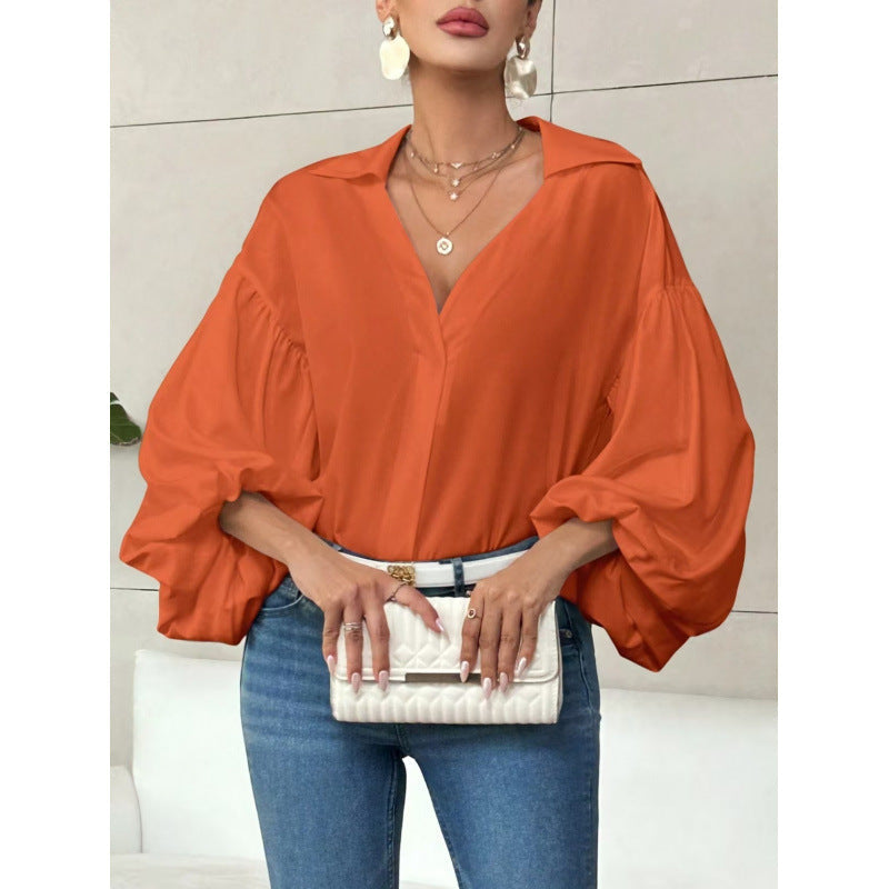 Women's Blouse with Voluminous Balloon Sleeves and Elegant Collar