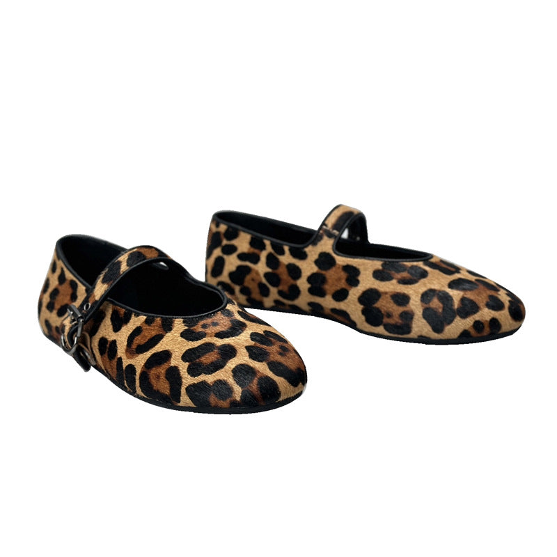 Women's Leopard Print Ballet Flats with Adjustable Strap