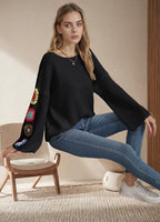 Women's Striped Knit Sweater with Floral Appliqués