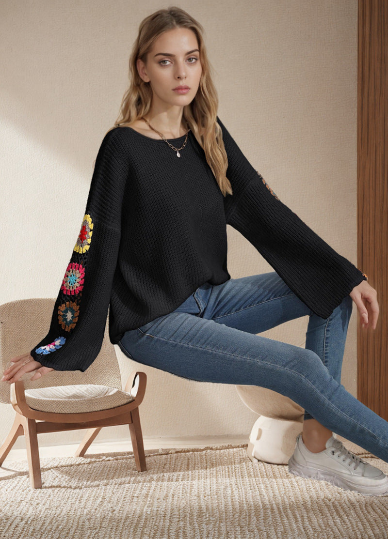 Women's Striped Knit Sweater with Floral Appliqués