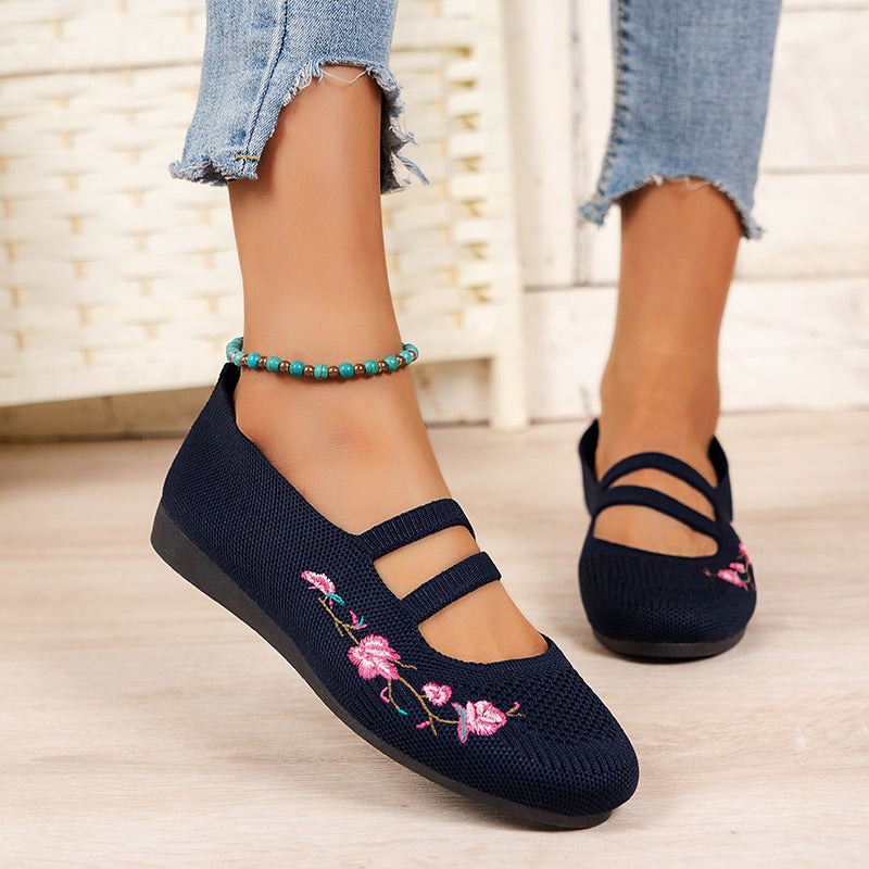 Women's Ballet Flats with Floral Embroidery and Mesh