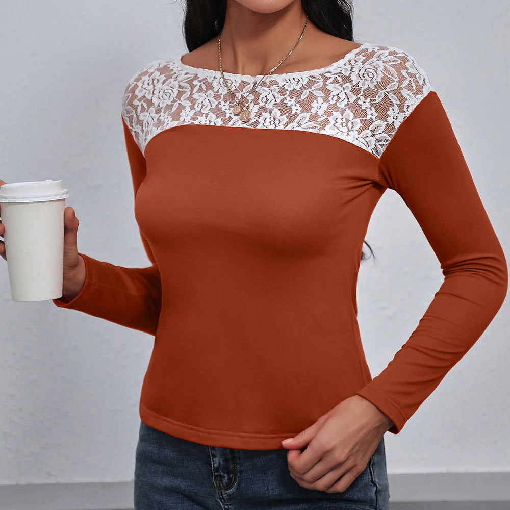 Women's Elegant Long-Sleeve Shirt with Floral Lace Details
